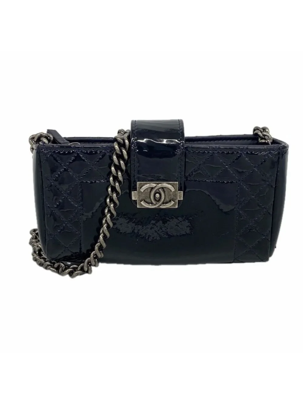 Chanel Shoulder Bag Boy Patent Leather Navy Silver